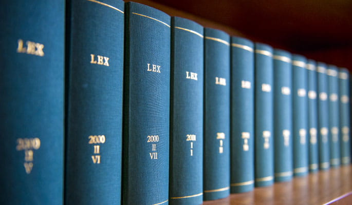 Bookshelf of law books lined up