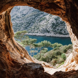 cave with sea view and trees